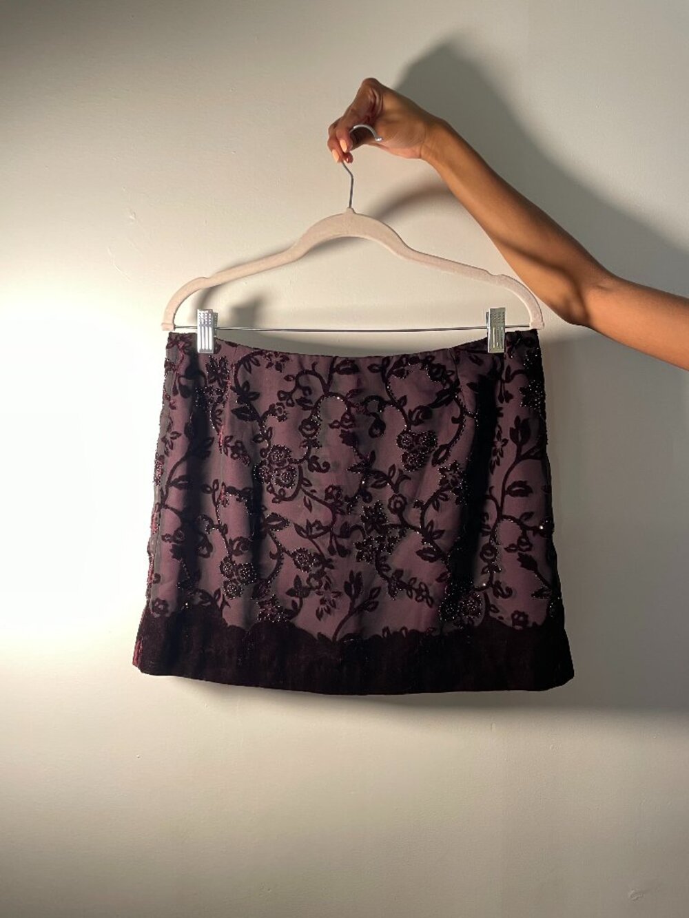 Vintage Kay Unger Crushed Velvet Floral Embellished Mini Skirt 8